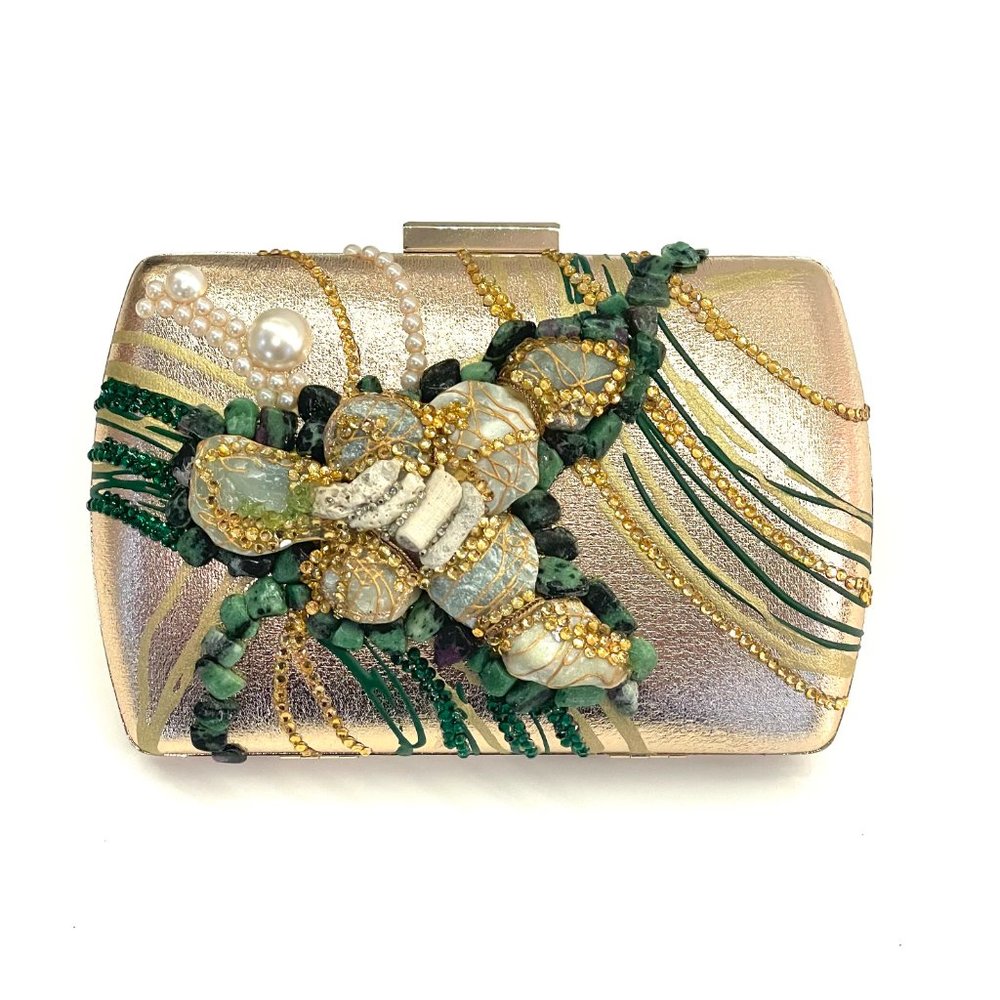 GOLD Clutch with Emerald stones and Pearls, Gold Rhinestones by Patricia Adelson
